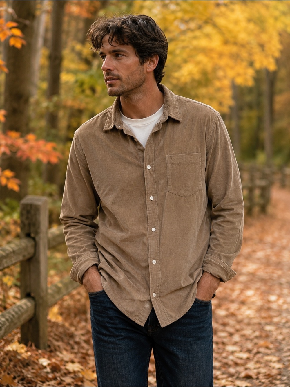Men's Tan Corduroy Button-Up Shirt